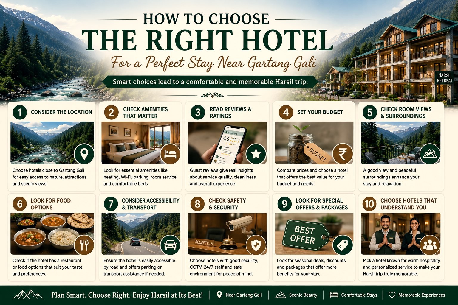 Ten things to check when choosing a hotel near Gartang Gali - location, amenities, reviews, budget, room views, food, transport, safety, offers and hospitality