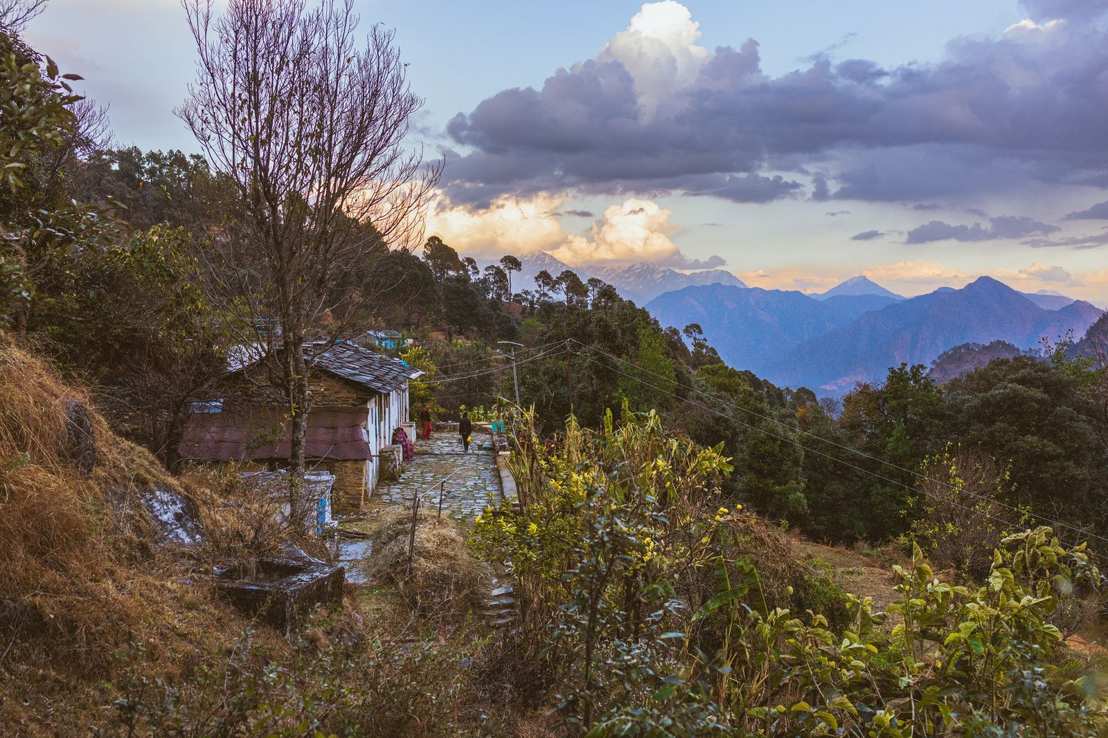 A slate-roof village in the Uttarakhand Himalaya at dusk